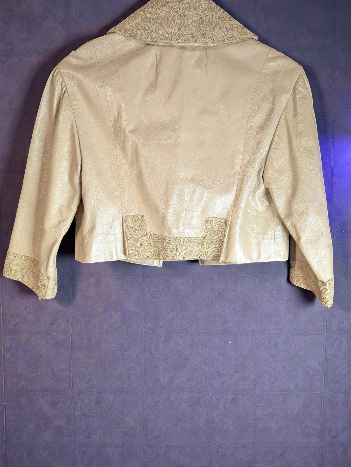 Vintage Women's Cream Leather Rosen Engelson Embroidered Crystal Jacket, Small