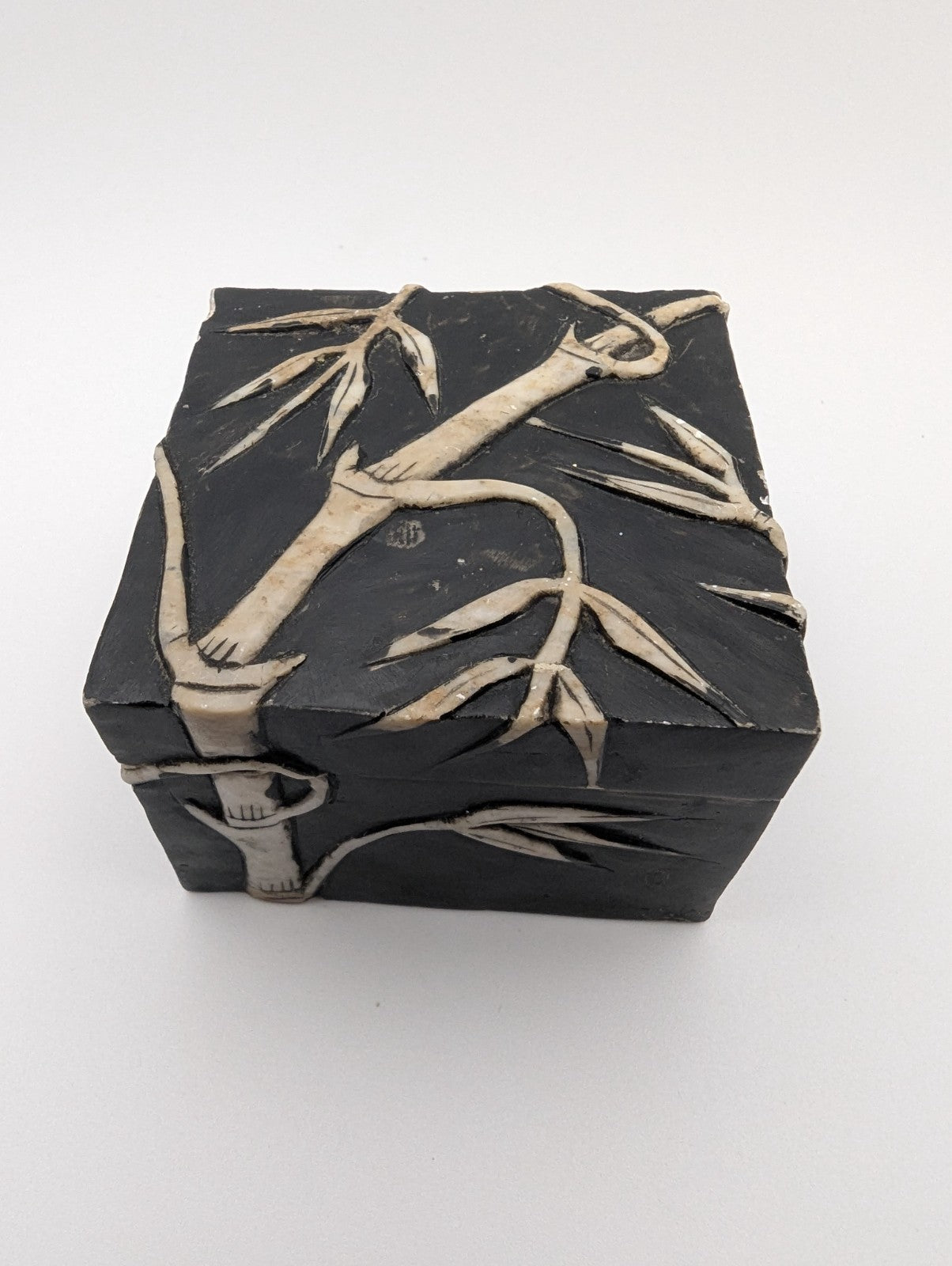 Vintage Hand-Carved Stone Trinket Box Bamboo Design, 2.25"