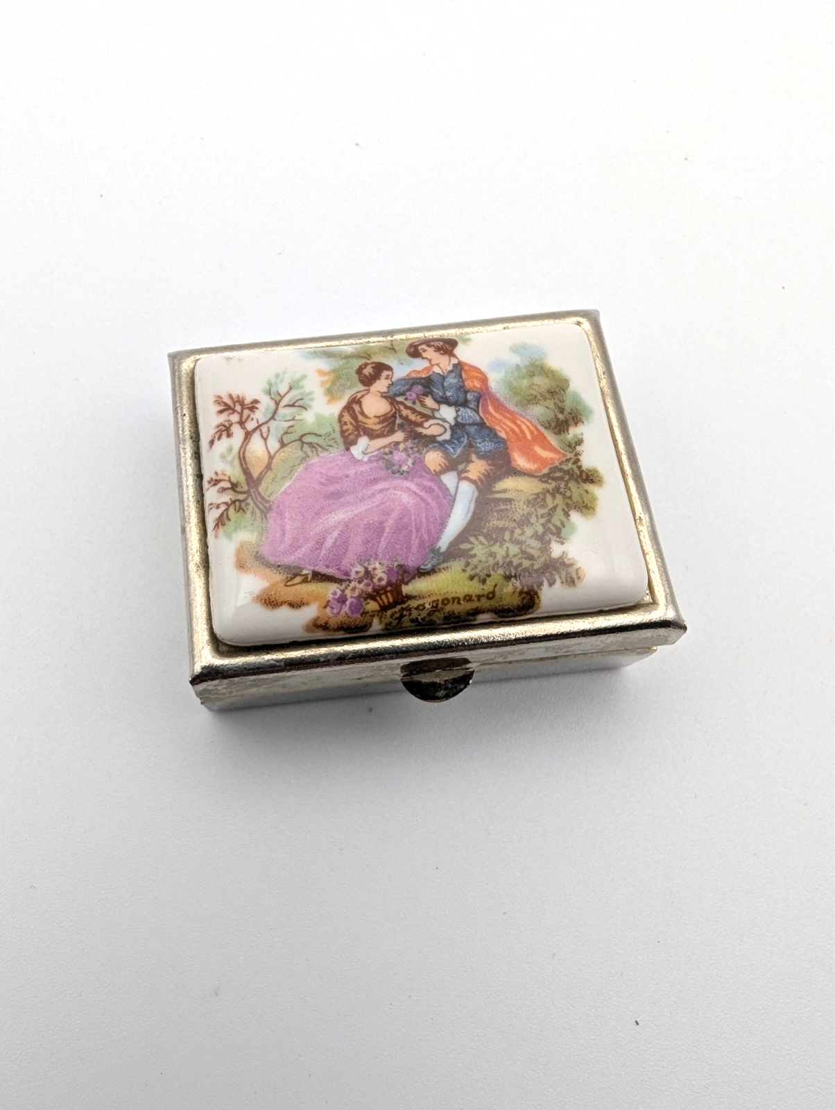 Vintage Porcelain Pill Box Trinket Box French Romance, 1.5"x1.25"