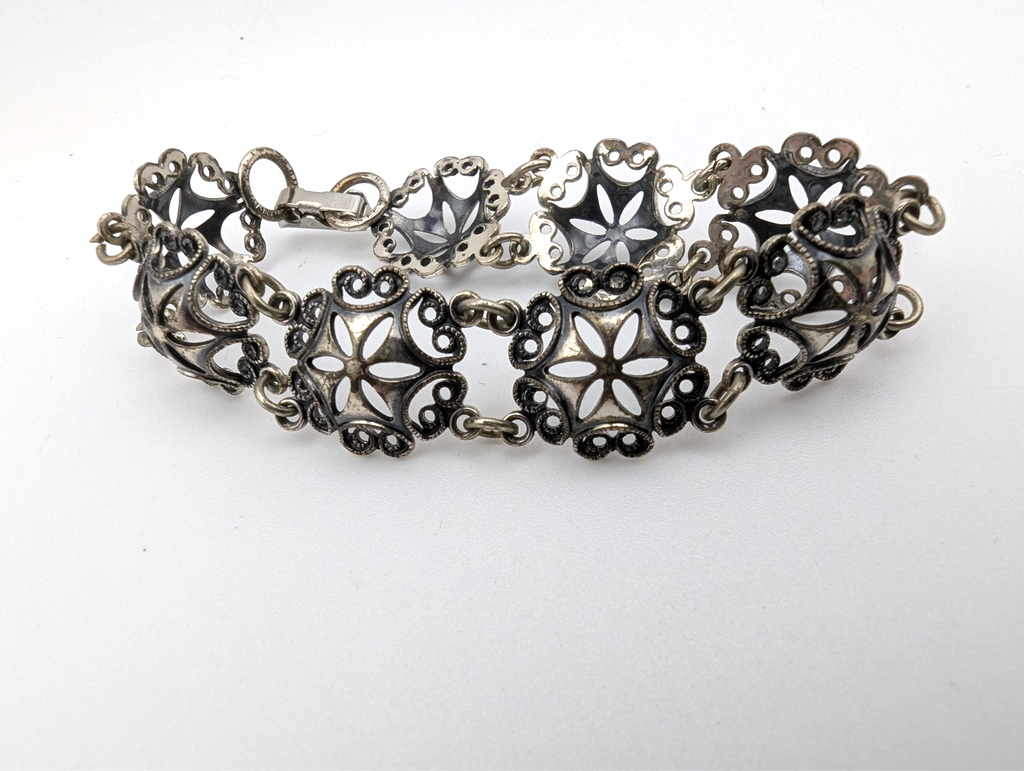 Antique Filigree Sterling Silver Chain Bracelet, 7"