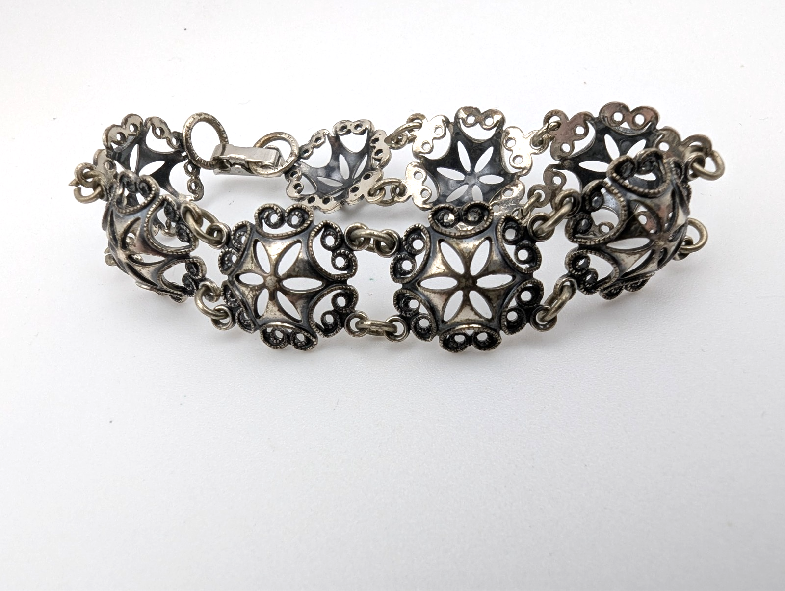 Antique Filigree Sterling Silver Chain Bracelet, 7"