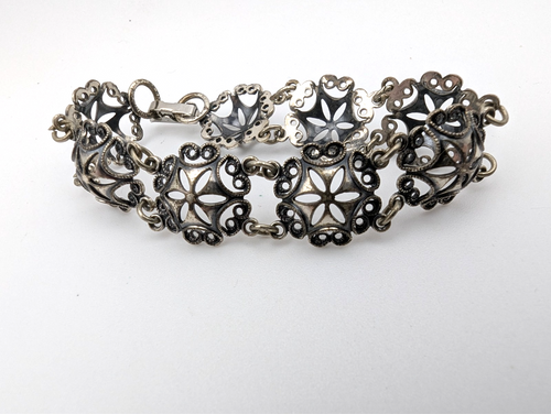 Antique Filigree Sterling Silver Chain Bracelet, 7"
