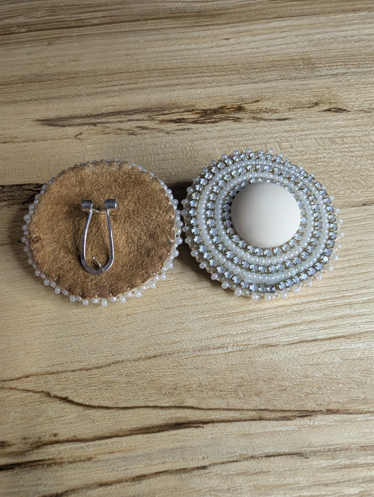Handcrafted White Beaded Stud Earrings Seed Beads, Crystals, White Cabochon