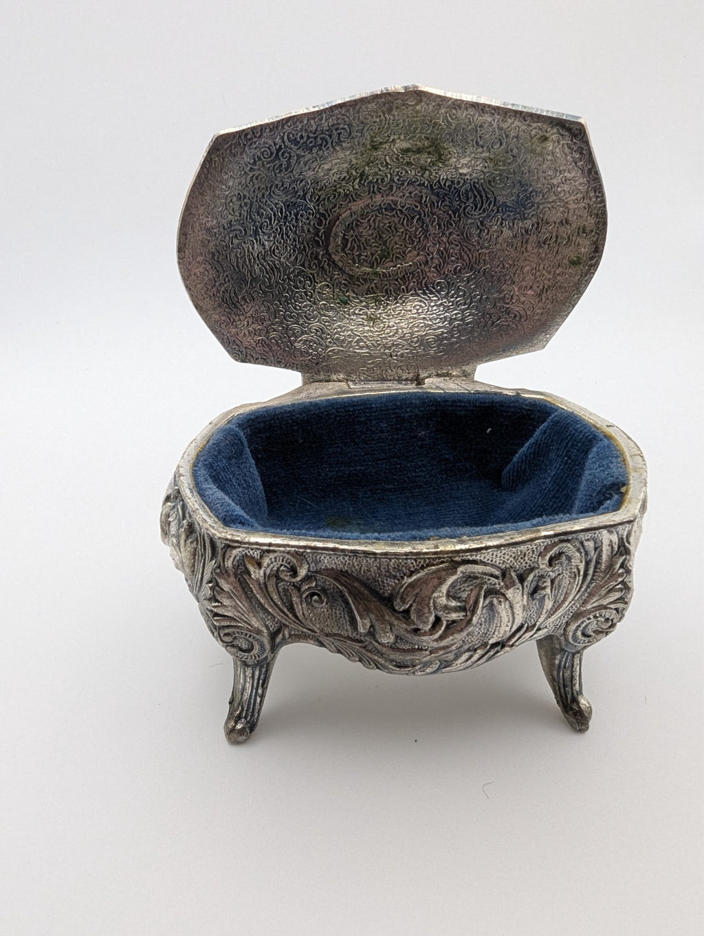 Vintage Metal Footed Jewelry Box Trinket Casket Blue Felt, 3.5"x2.5"