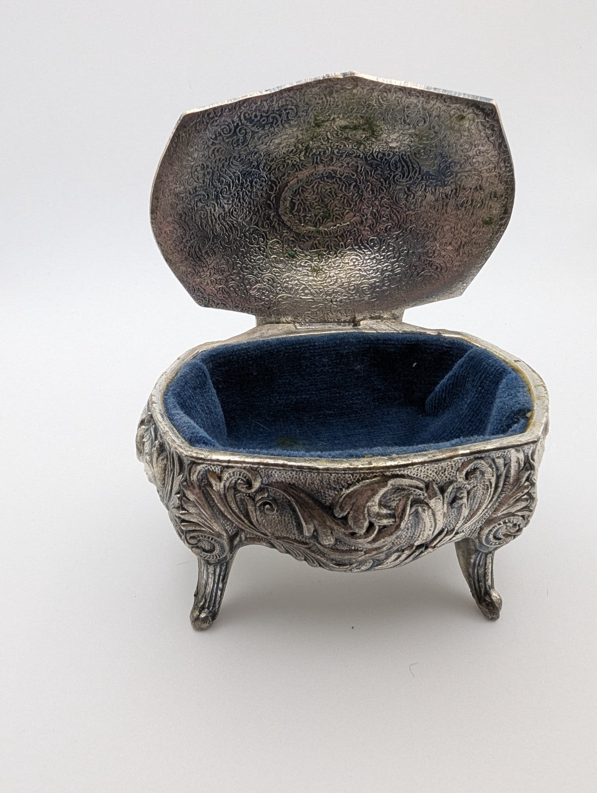 Vintage Metal Footed Jewelry Box Trinket Casket Blue Felt, 3.5"x2.5"