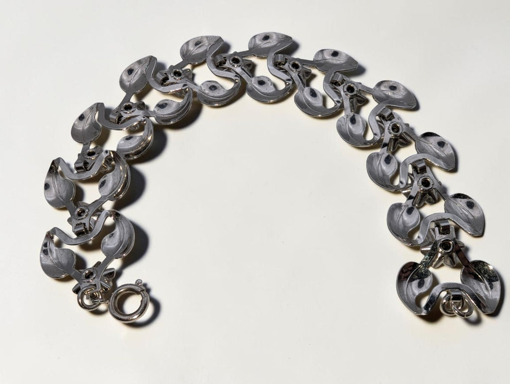 Vintage Silver Tone Floral and Leaf Bracelet, Pale Blue Rhinestones, 8"