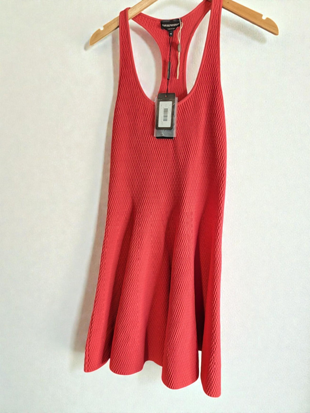 Emporio Armani Red Coral Stretch Knit Racer Back Flare Mini Dress, 40