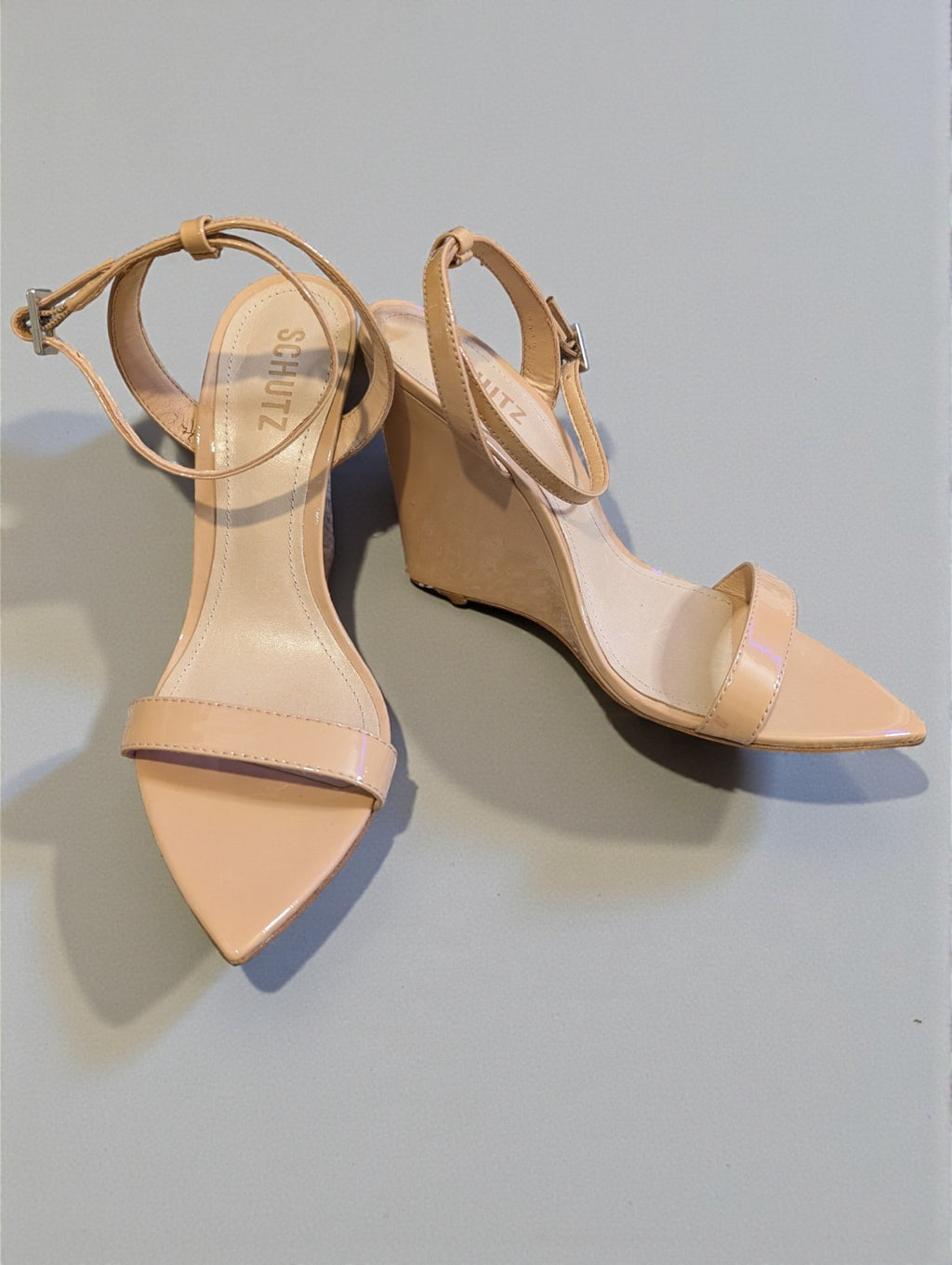 Schutz Rauel Patent Leather Wedge Sandal, Nude- Size 8