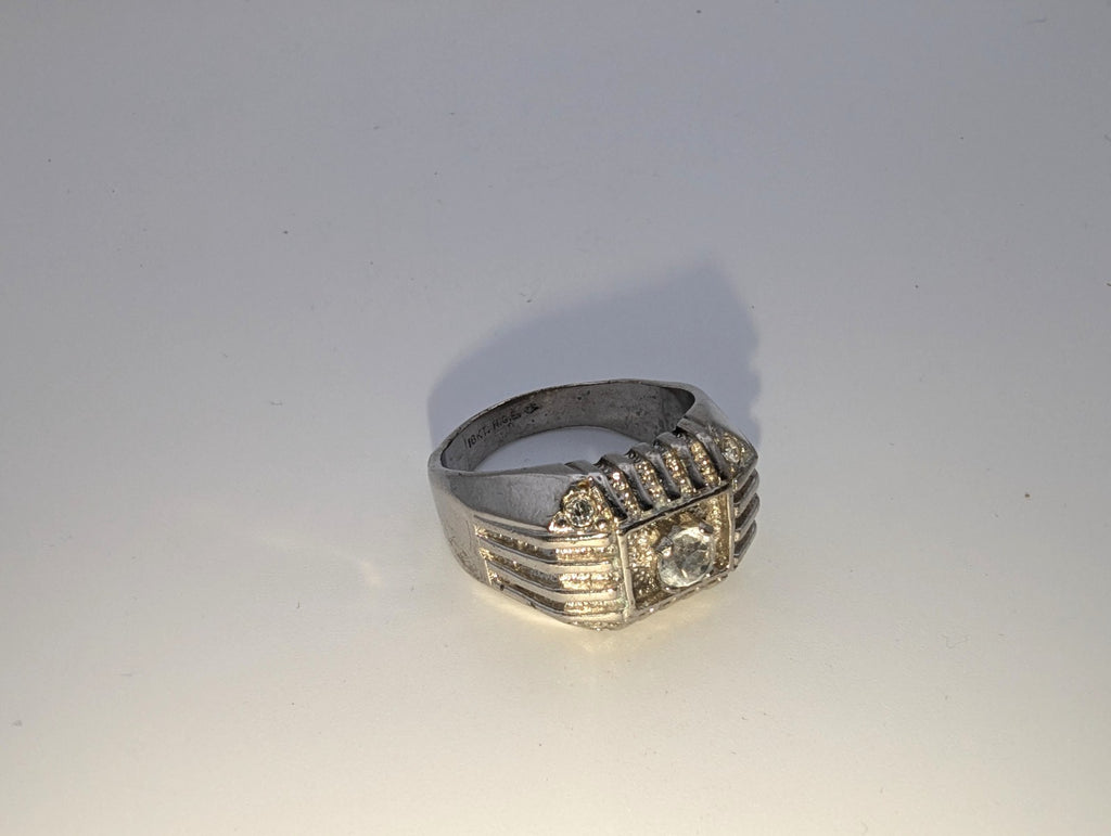 Vintage Mid-Century Ribbed18kt HGE White Gold CZ Men's Ring, Size 13