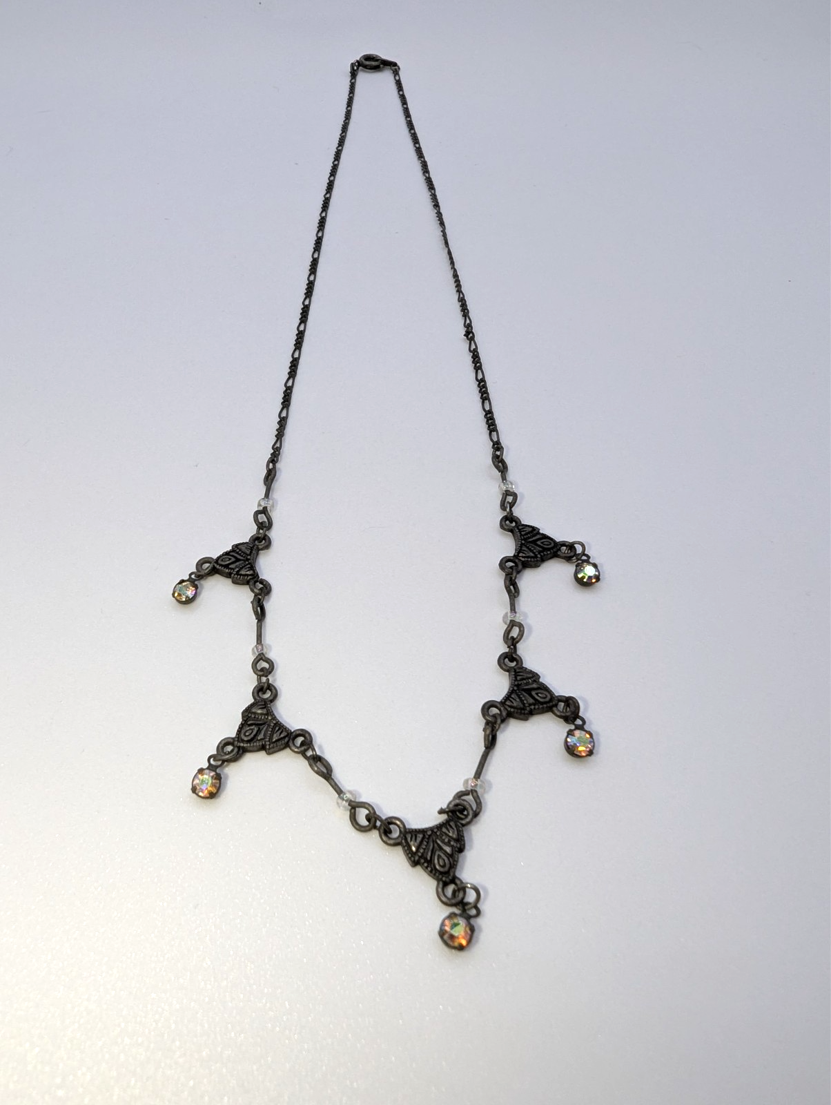 Antique Scrolled Victorian-Style Filigree Necklace Dangling Glass Gems, 16"