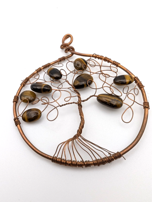 3" Tree of Life Copper Wire Pendant with Tigers Eye Accents