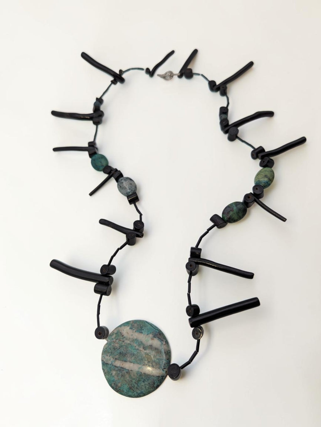 Turquiose and Black Wooden Statement Beaded Necklace, 24"