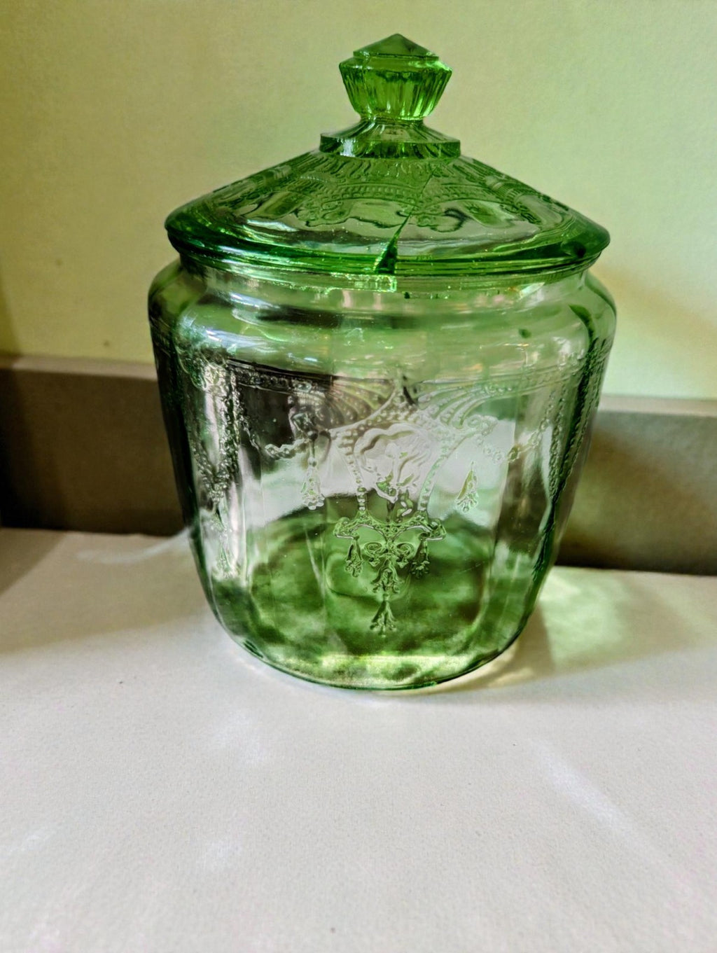 1920s-30s Uranium Green Glass Cookie Jar and (4) Plate Set
