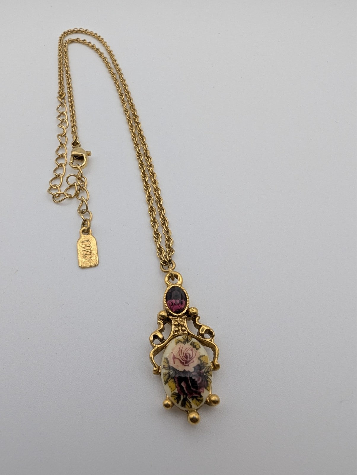 1928 Victorian Style Rose Purple Pendant with Chain, 16"