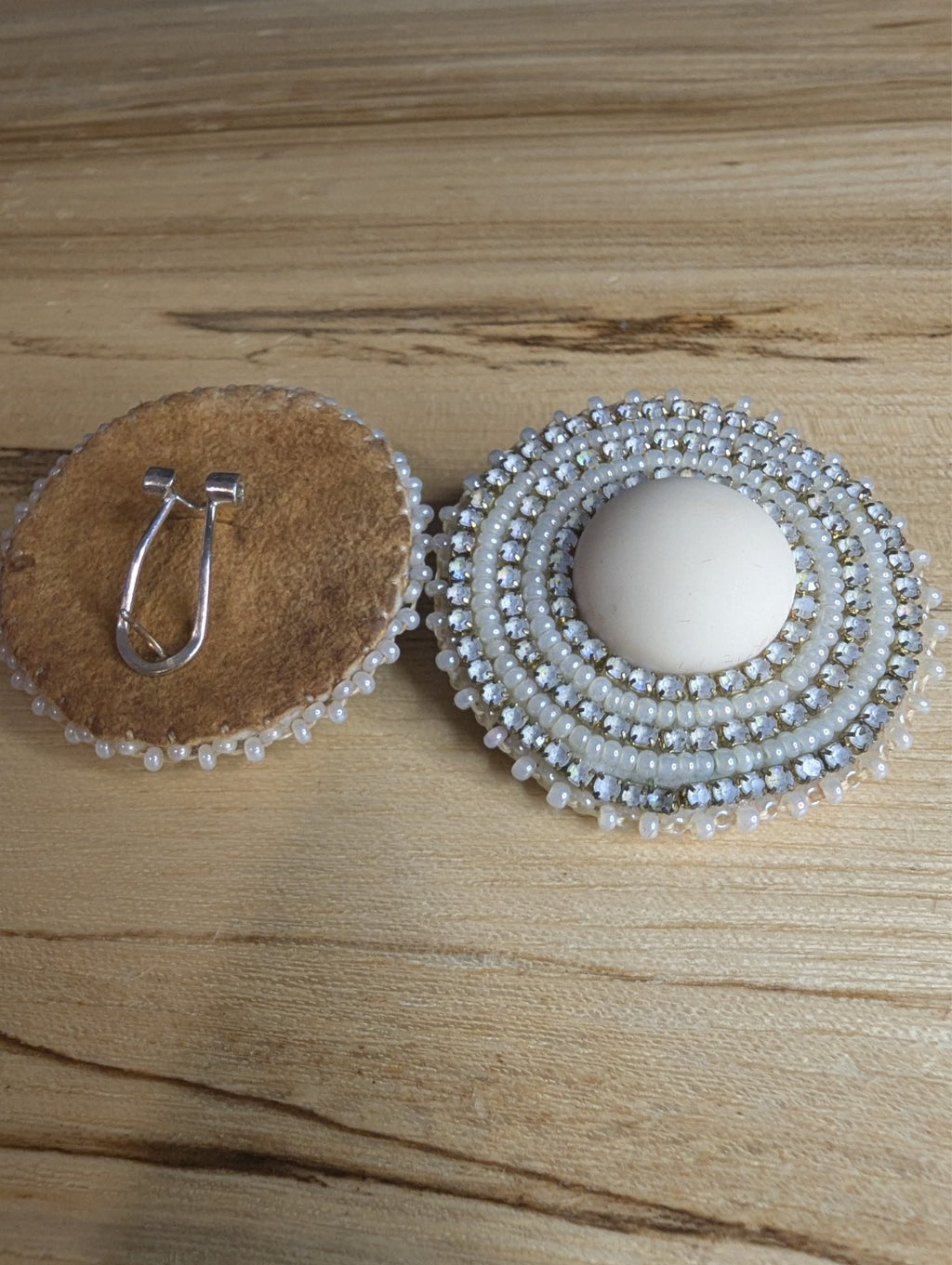 Handcrafted White Beaded Stud Earrings Seed Beads, Crystals, White Cabochon