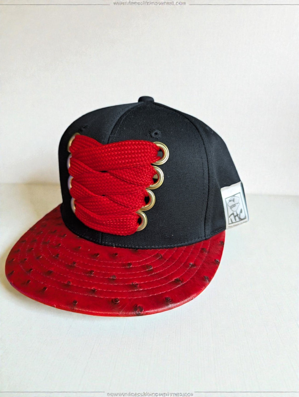 Custom Snapback Hat True Headz, Red Laces Faux Red Leather Brim