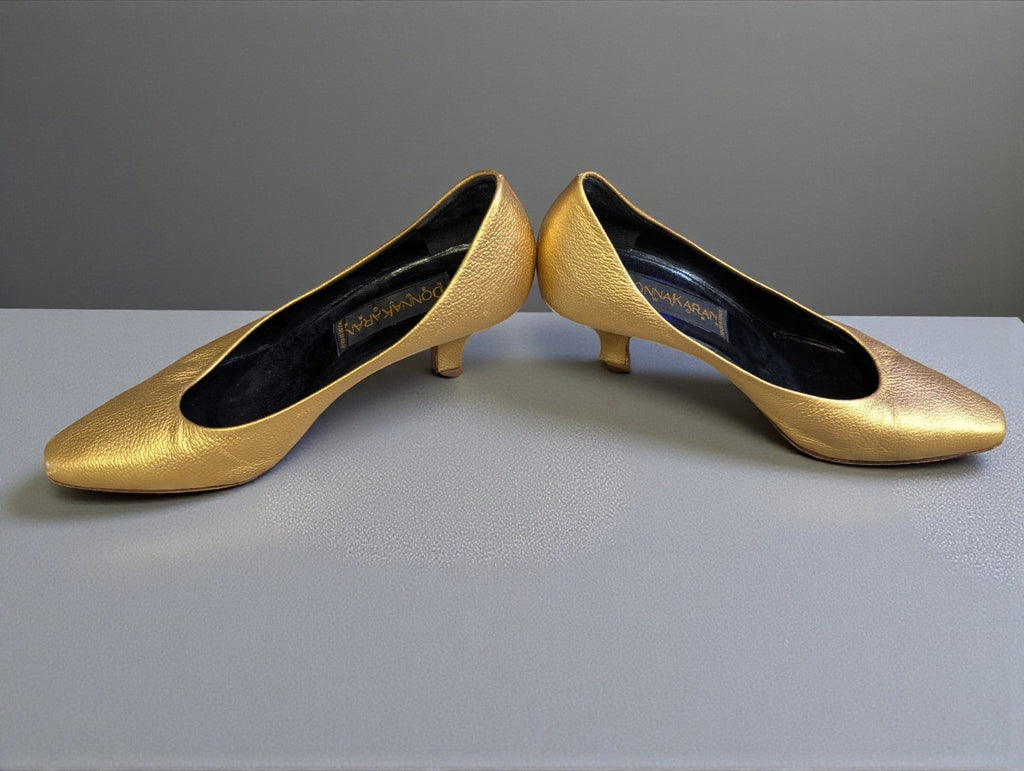 Vintage Donna Karan Leather Gold Metallic Heels, Size 5.5 Women's Pumps
