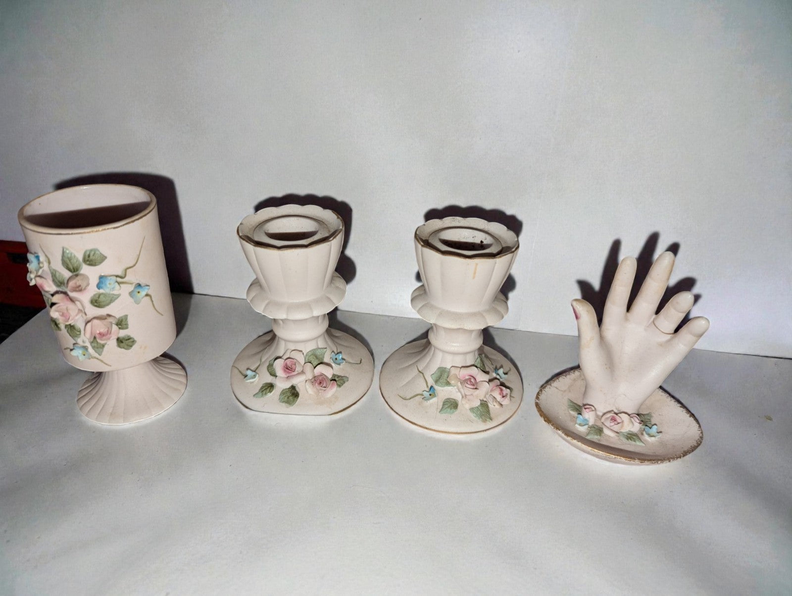 Vintage Lefton China Collection 3D Rose Design-Candle Holders, Vase, Hand