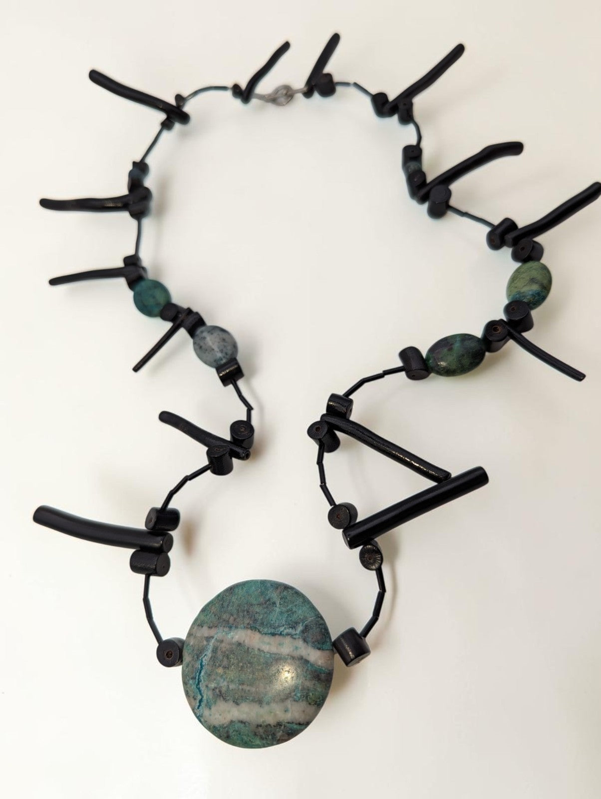 Turquiose and Black Wooden Statement Beaded Necklace, 24"