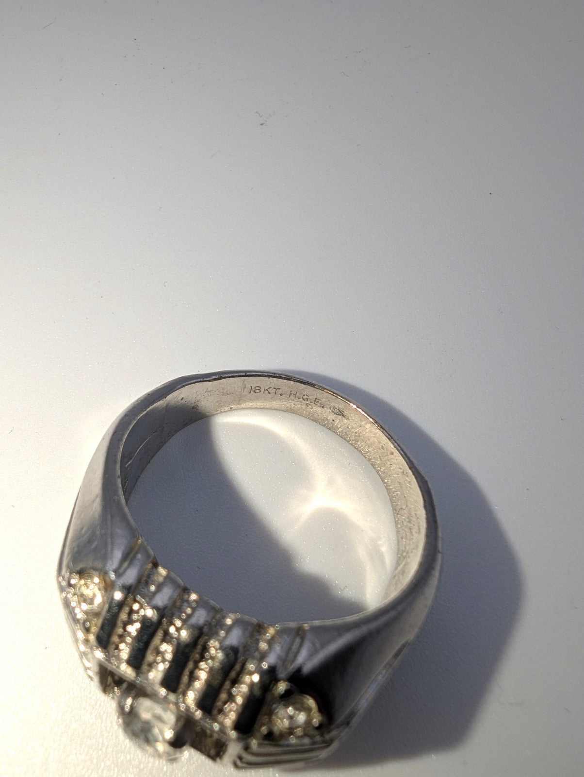 Vintage Mid-Century Ribbed18kt HGE White Gold CZ Men's Ring, Size 13