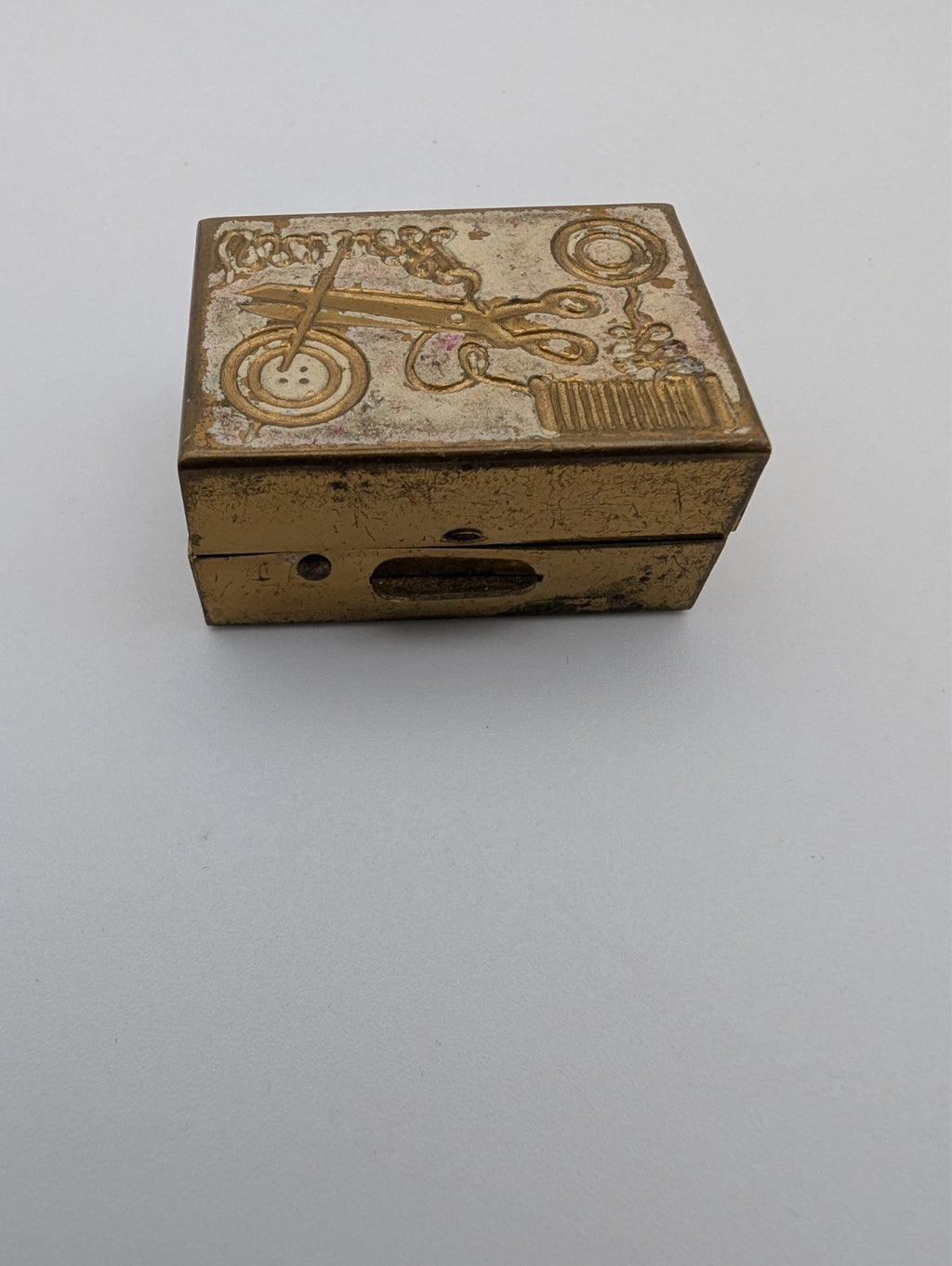 Vintage Sewing Theme Trinket Pill Box Gold Tone, 1.5"x1"