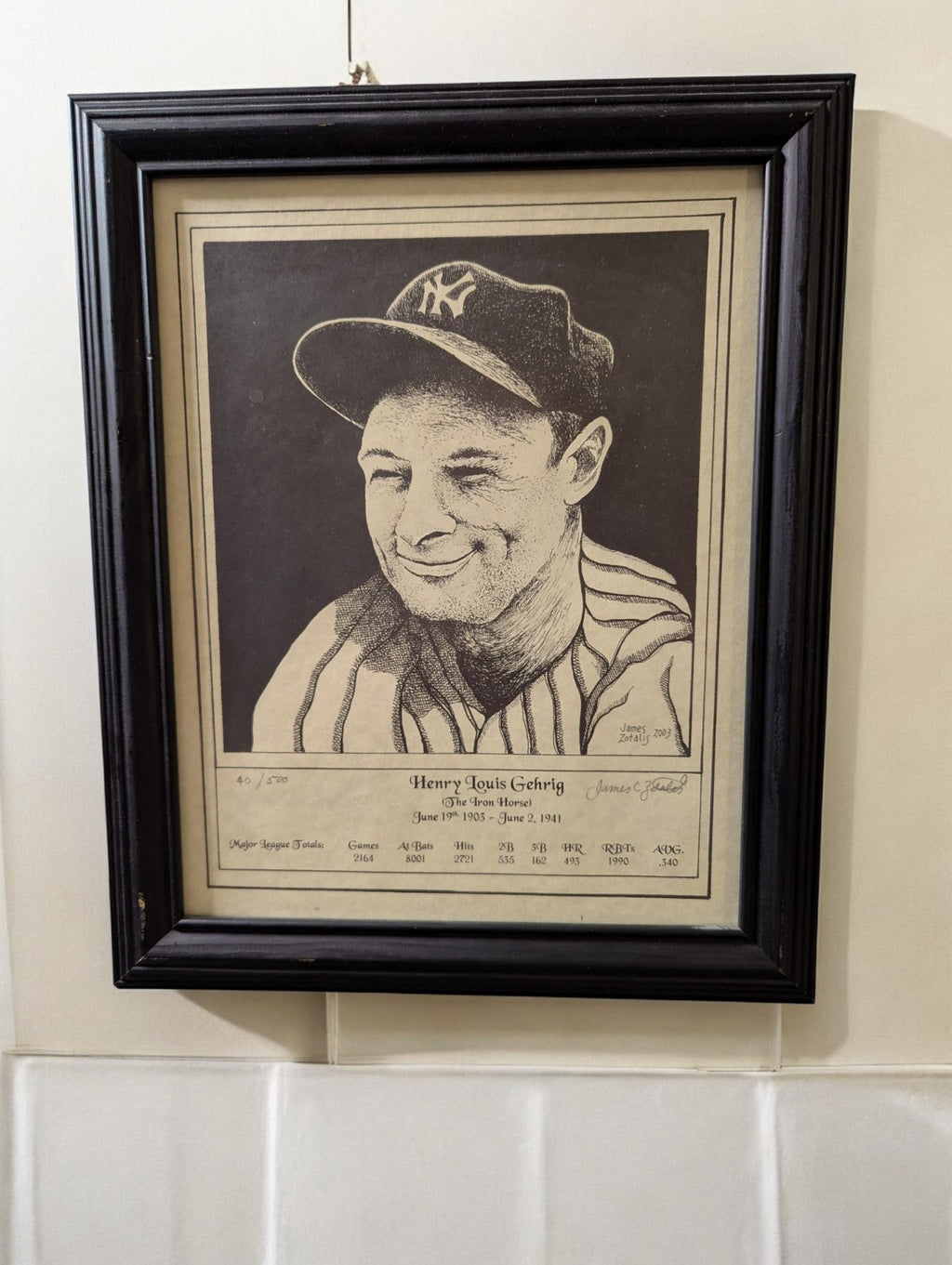 Lou Gehrig Limited Edition #40/500 Print by James Zotalis, Signed Artist