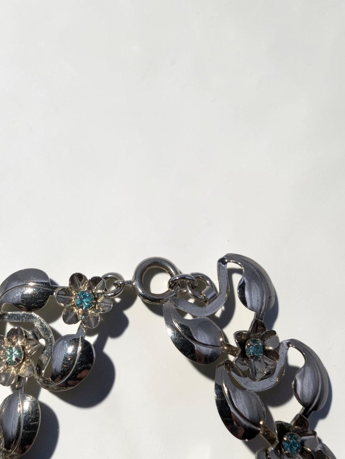 Vintage Silver Tone Floral and Leaf Bracelet, Pale Blue Rhinestones, 8"