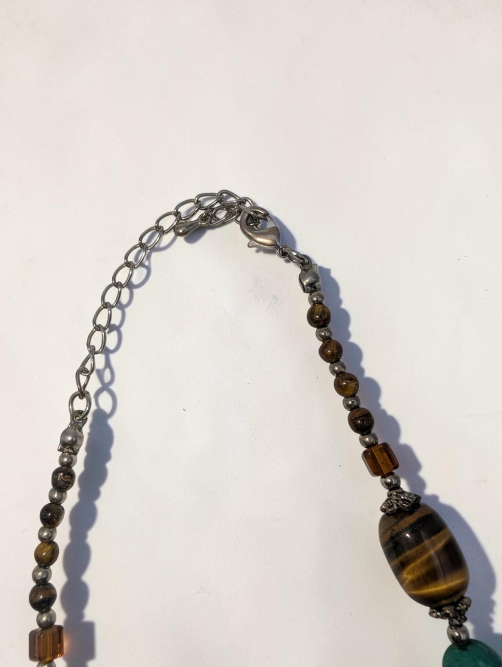 Vintage Tiger's Eye and Turquise Statement Necklace with Silver-Toned Beads, 18"