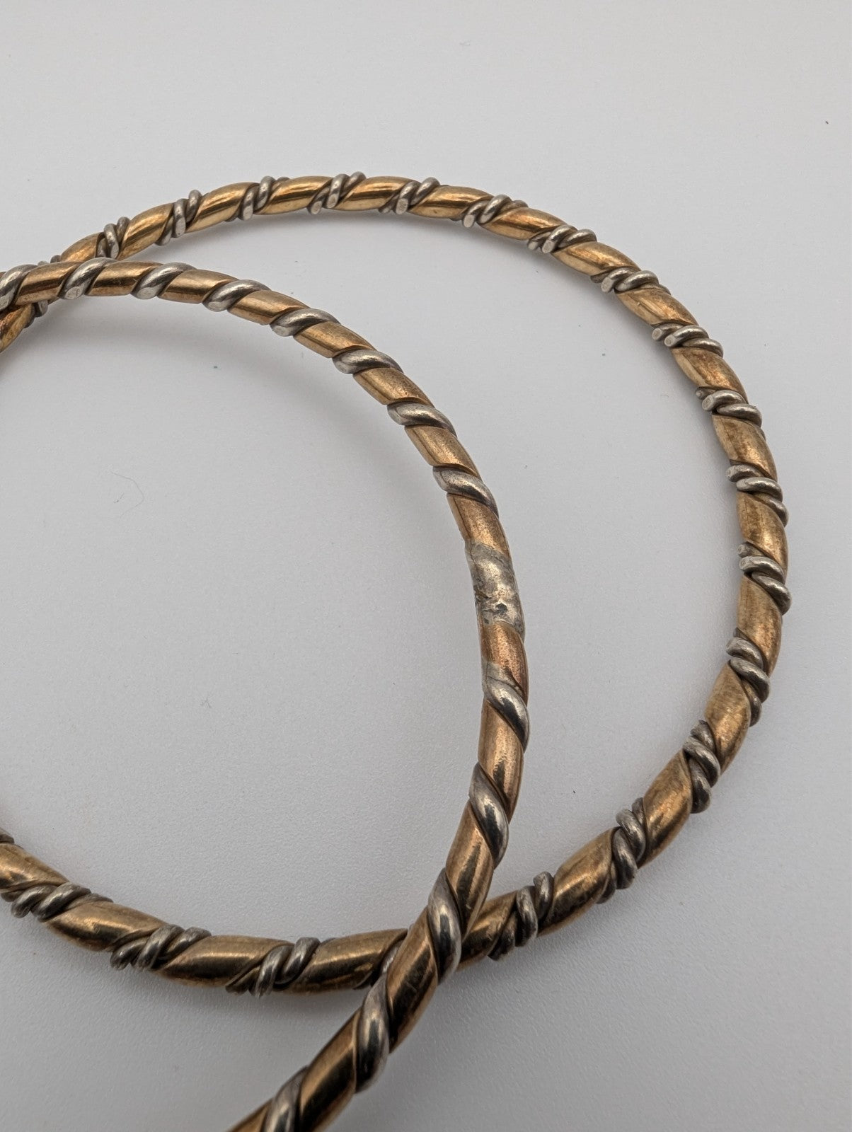 Set of 2 Vintage Twisted Copper and Silver Bangle Bracelets, Size 9