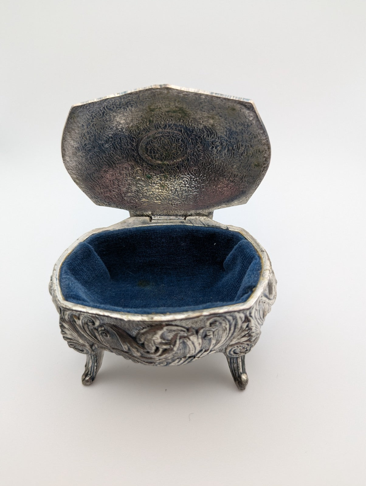 Vintage Metal Footed Jewelry Box Trinket Casket Blue Felt, 3.5"x2.5"