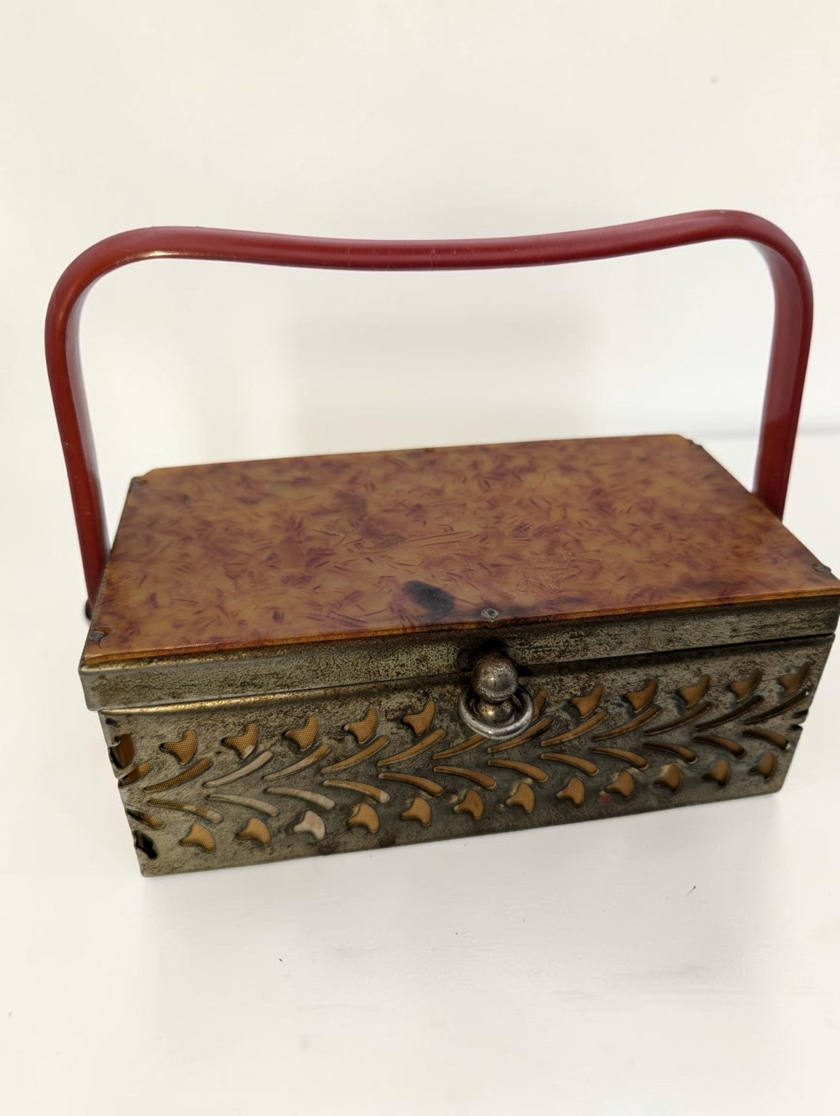 1950s Brass Filigree Box Purse, Amber Colored Plastic Lid