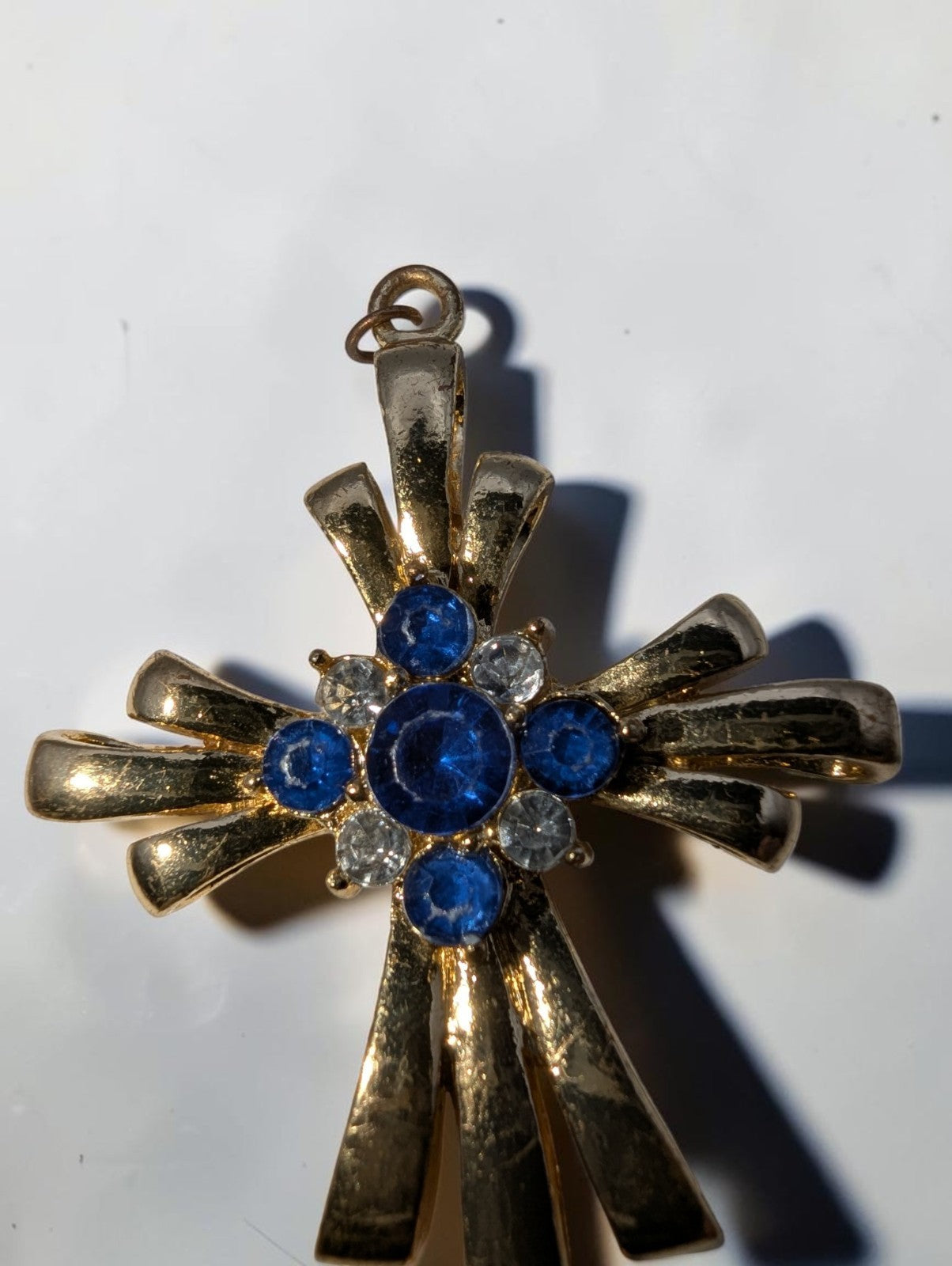 Vintage Gold Tone Cross Pendant, Blue and Clear Rhinestones