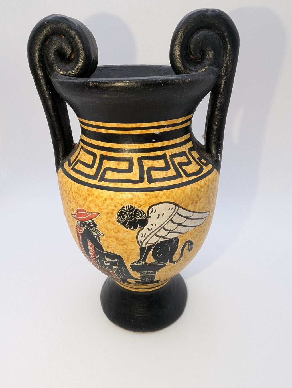 Greek Pottery Amphora Vase, Sphinx Greek Key Pattern 6"