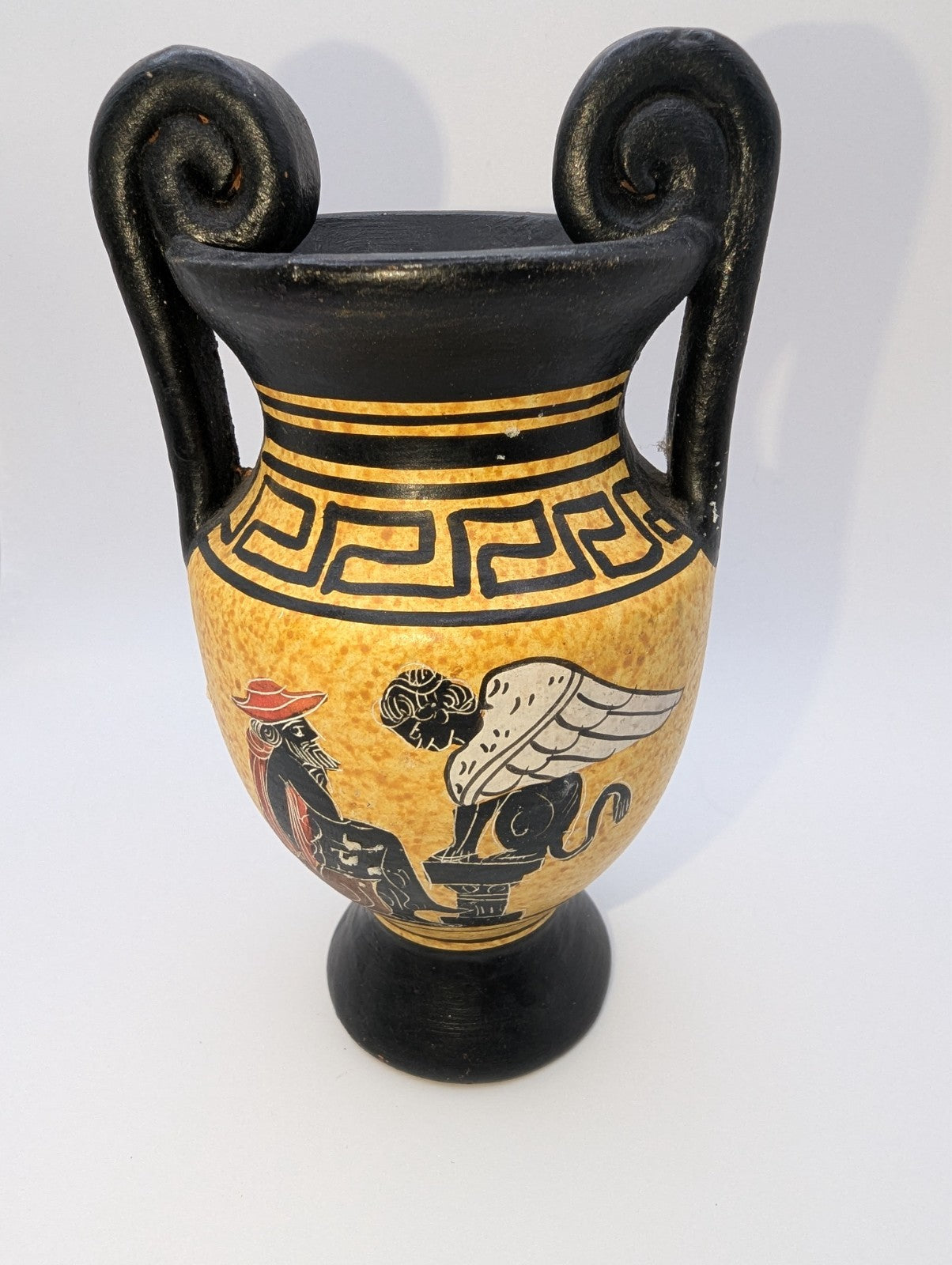 Greek Pottery Amphora Vase, Sphinx Greek Key Pattern 6"