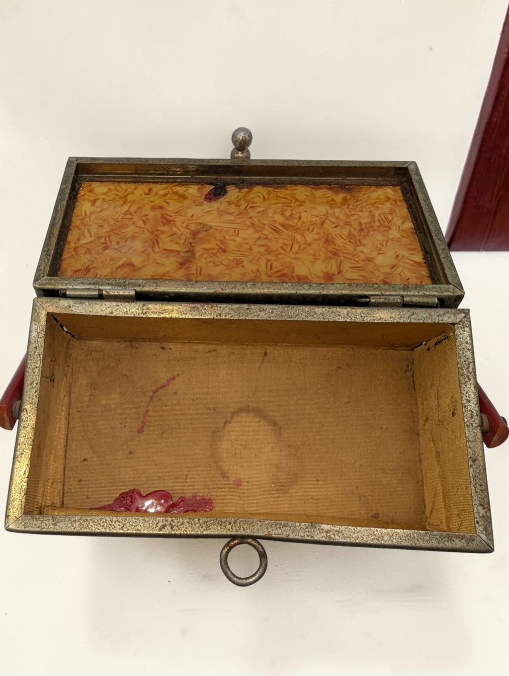 1950s Brass Filigree Box Purse, Amber Colored Plastic Lid