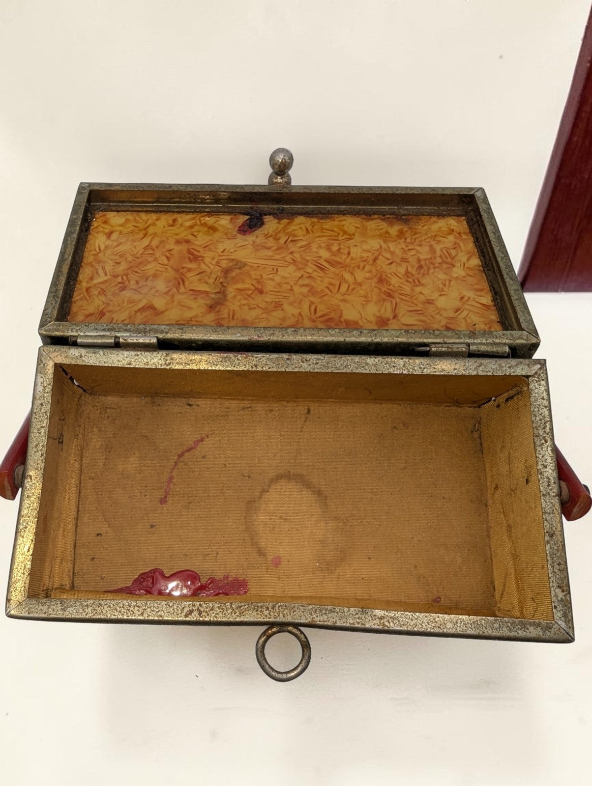 1950s Brass Filigree Box Purse, Amber Colored Plastic Lid