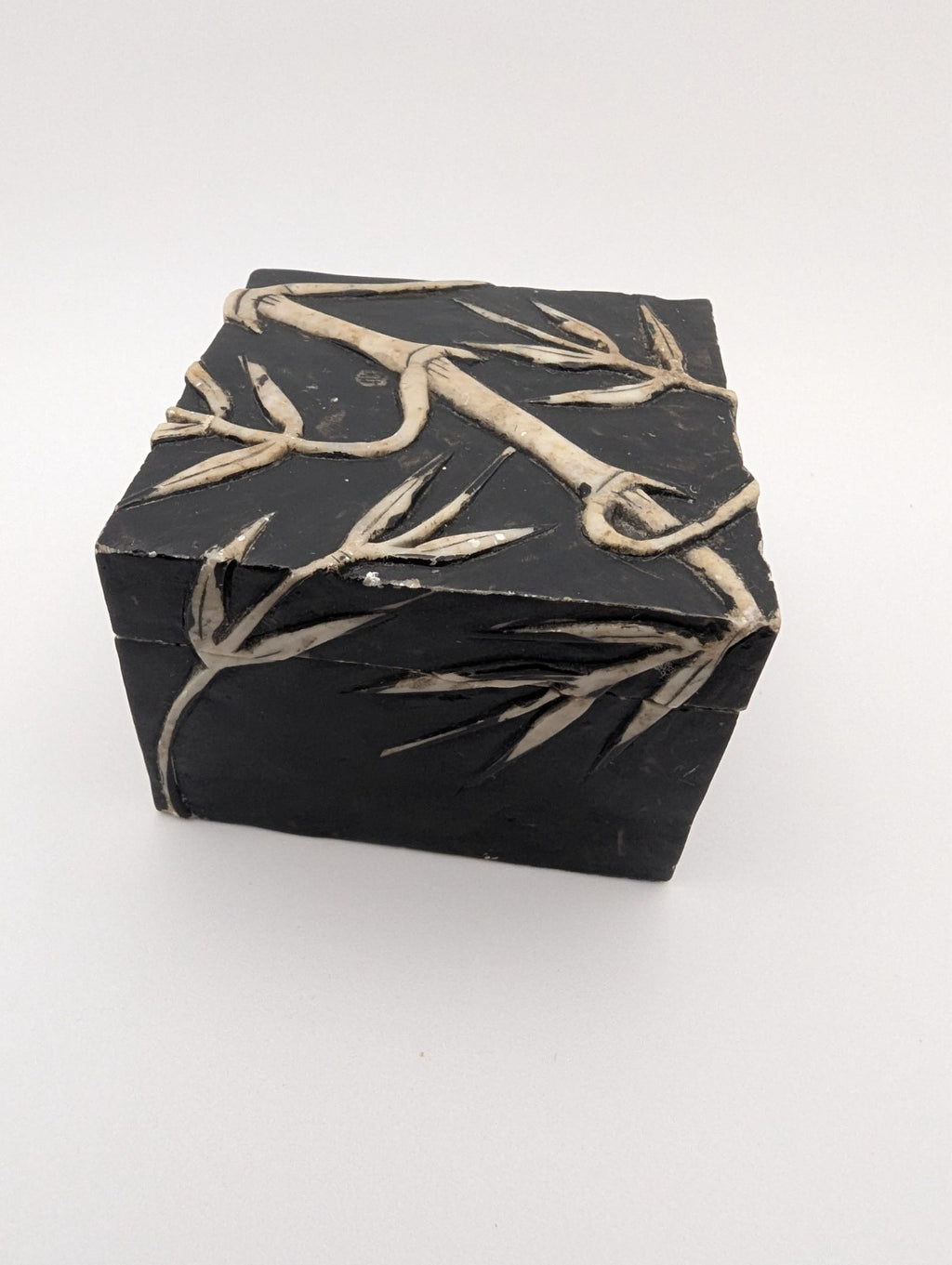 Vintage Hand-Carved Stone Trinket Box Bamboo Design, 2.25"