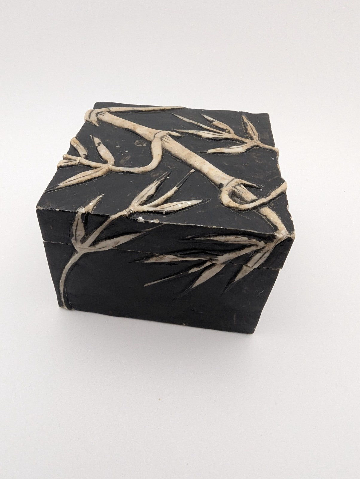 Vintage Hand-Carved Stone Trinket Box Bamboo Design, 2.25"