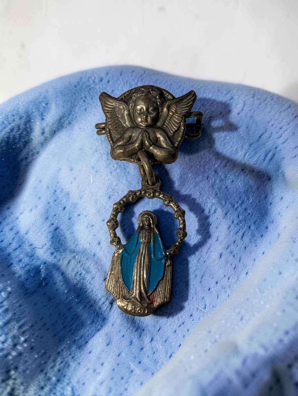 Vintage Religious Guardian Angel Pin with Dangling Miraculous Medal Virgin Mary