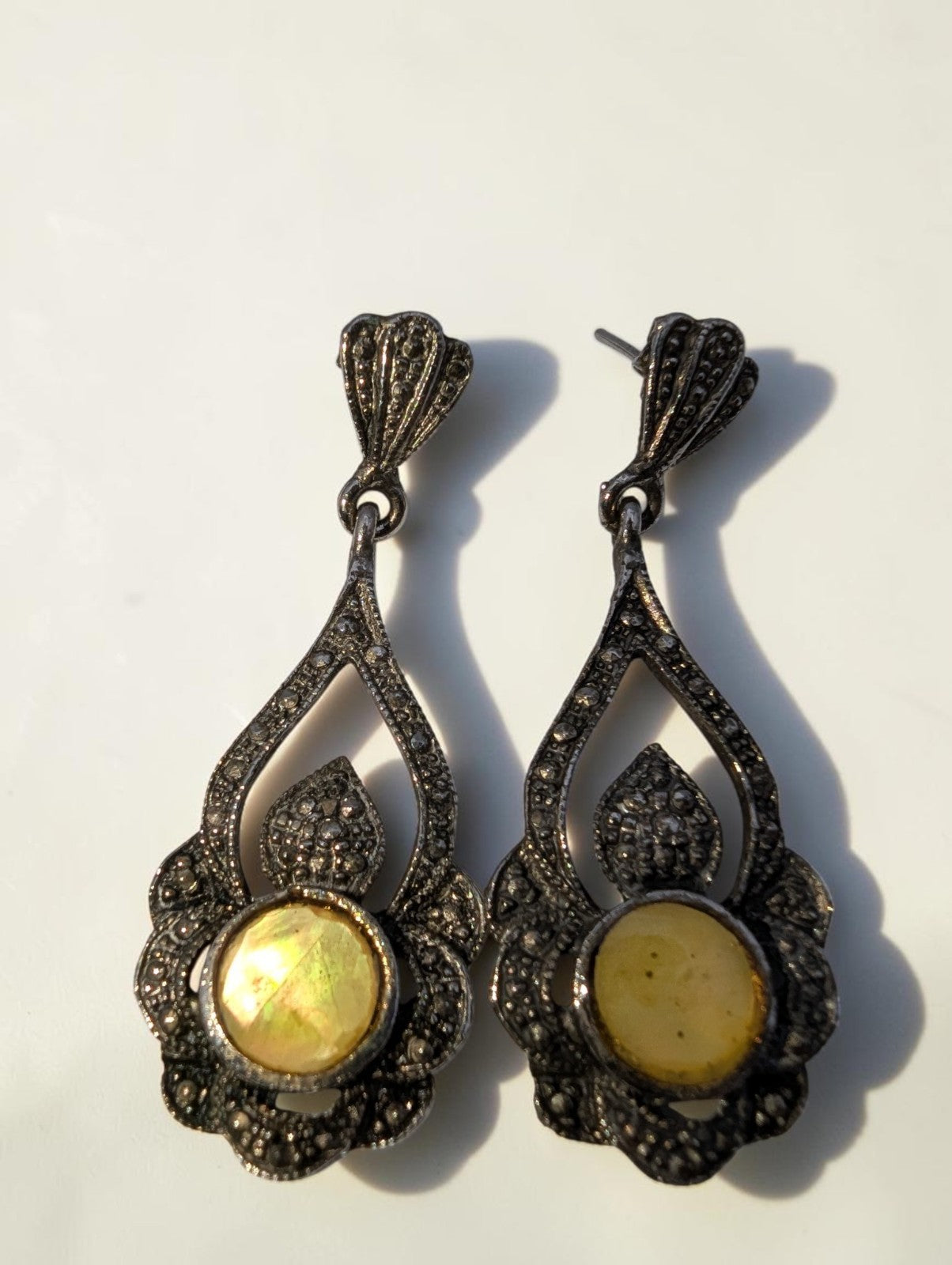 Vintage Sterling Silver Opal and Marcasite Drop Earrings