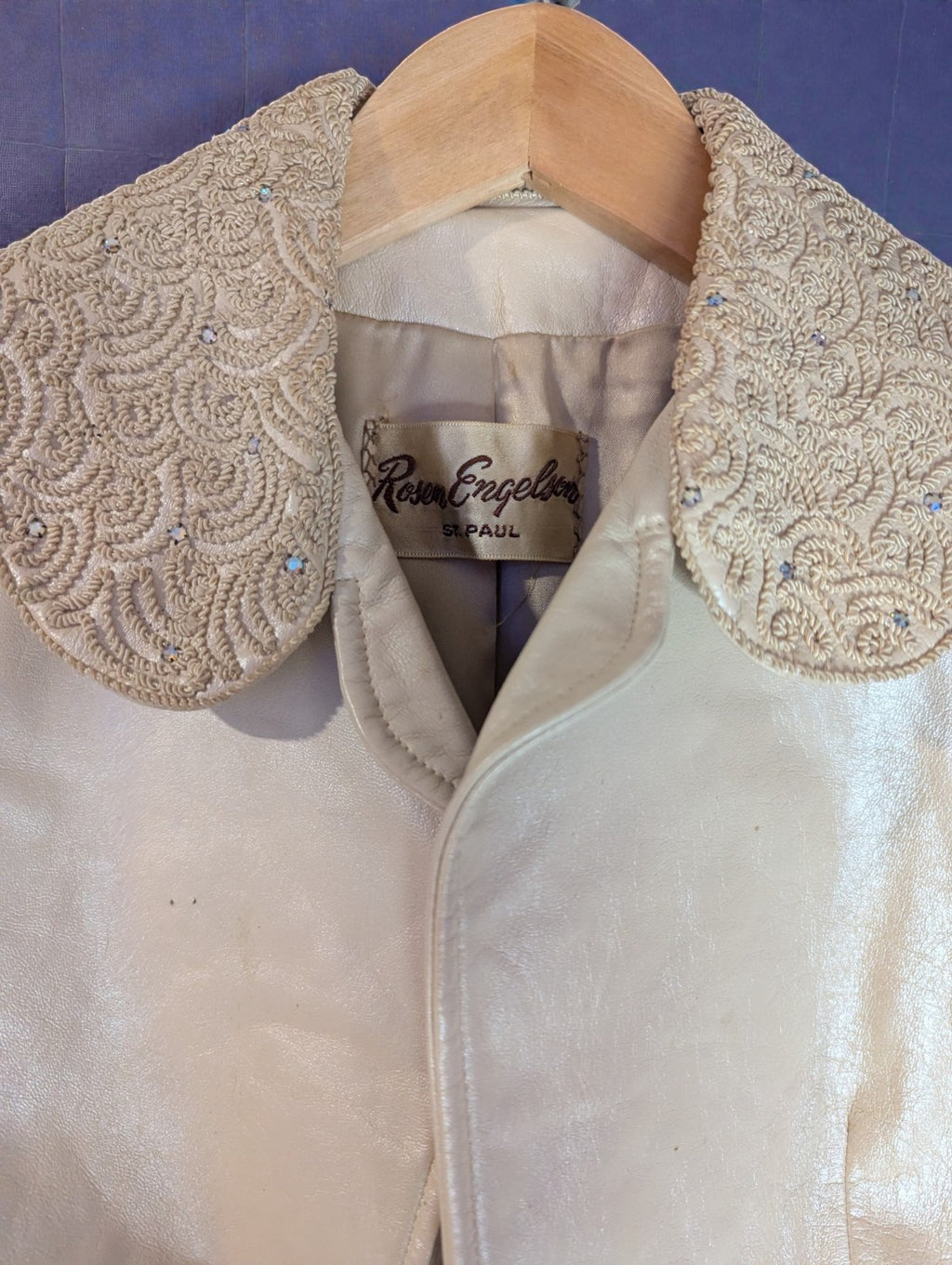Vintage Women's Cream Leather Rosen Engelson Embroidered Crystal Jacket, Small