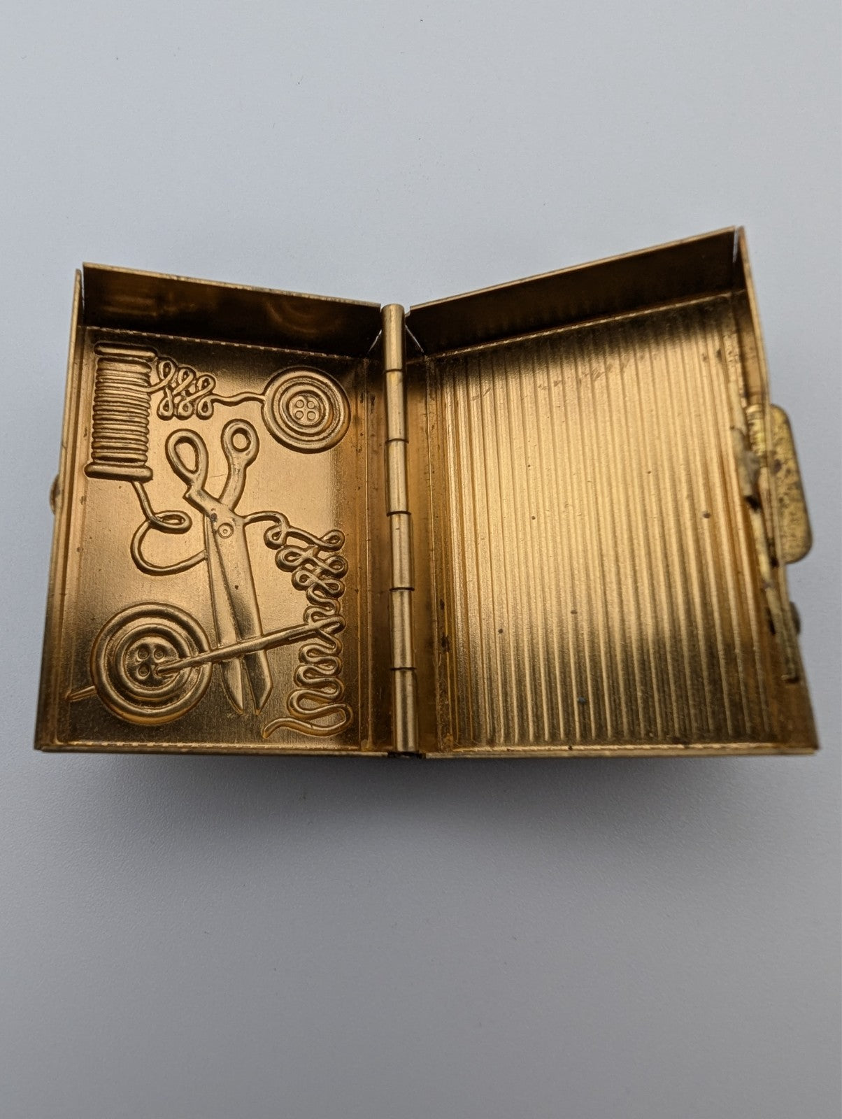 Vintage Sewing Theme Trinket Pill Box Gold Tone, 1.5"x1"