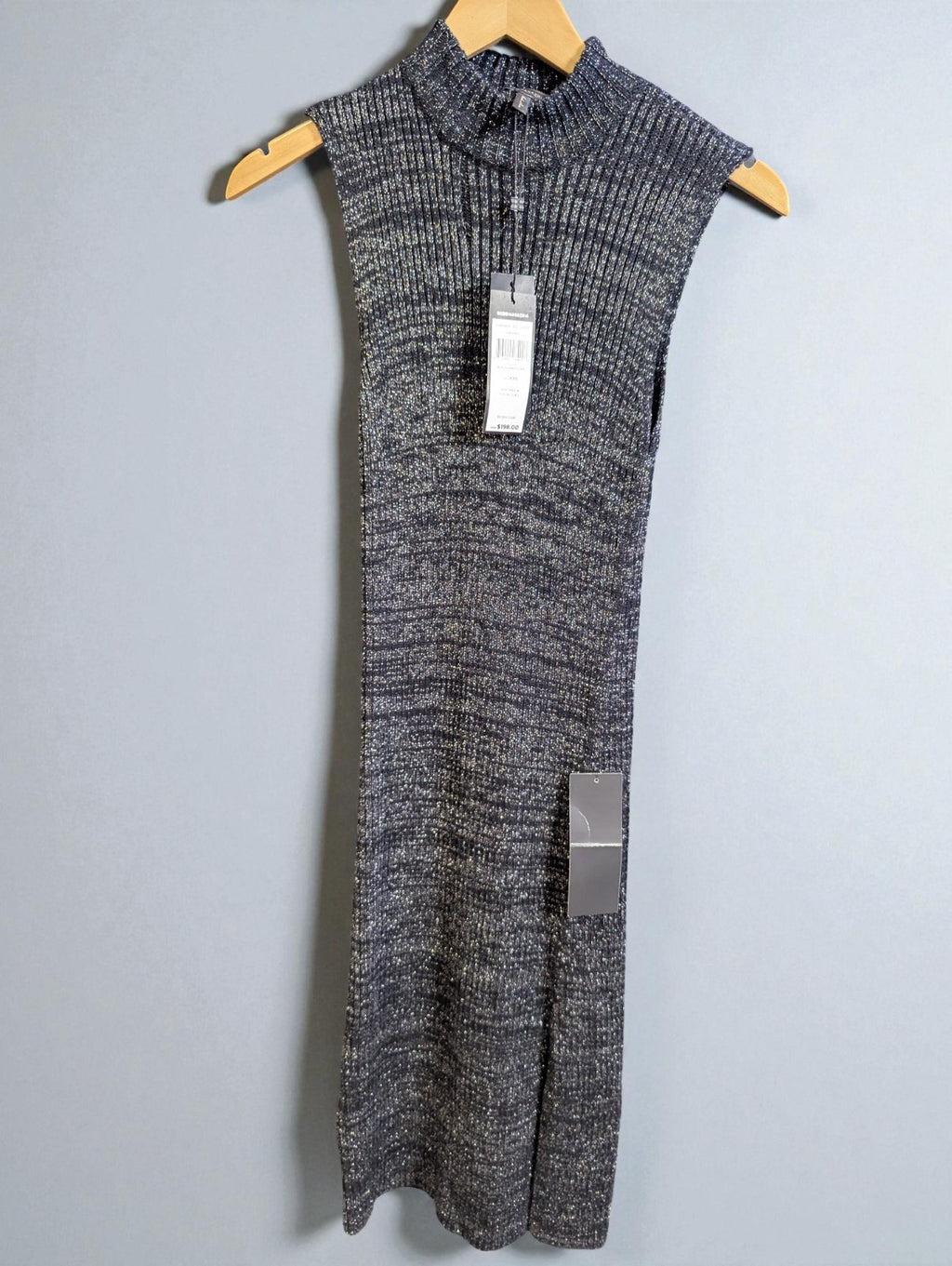 NWT BCBG Max Azria Black Metallic Knee Length Knit Sleeveless Dress, Size XXS