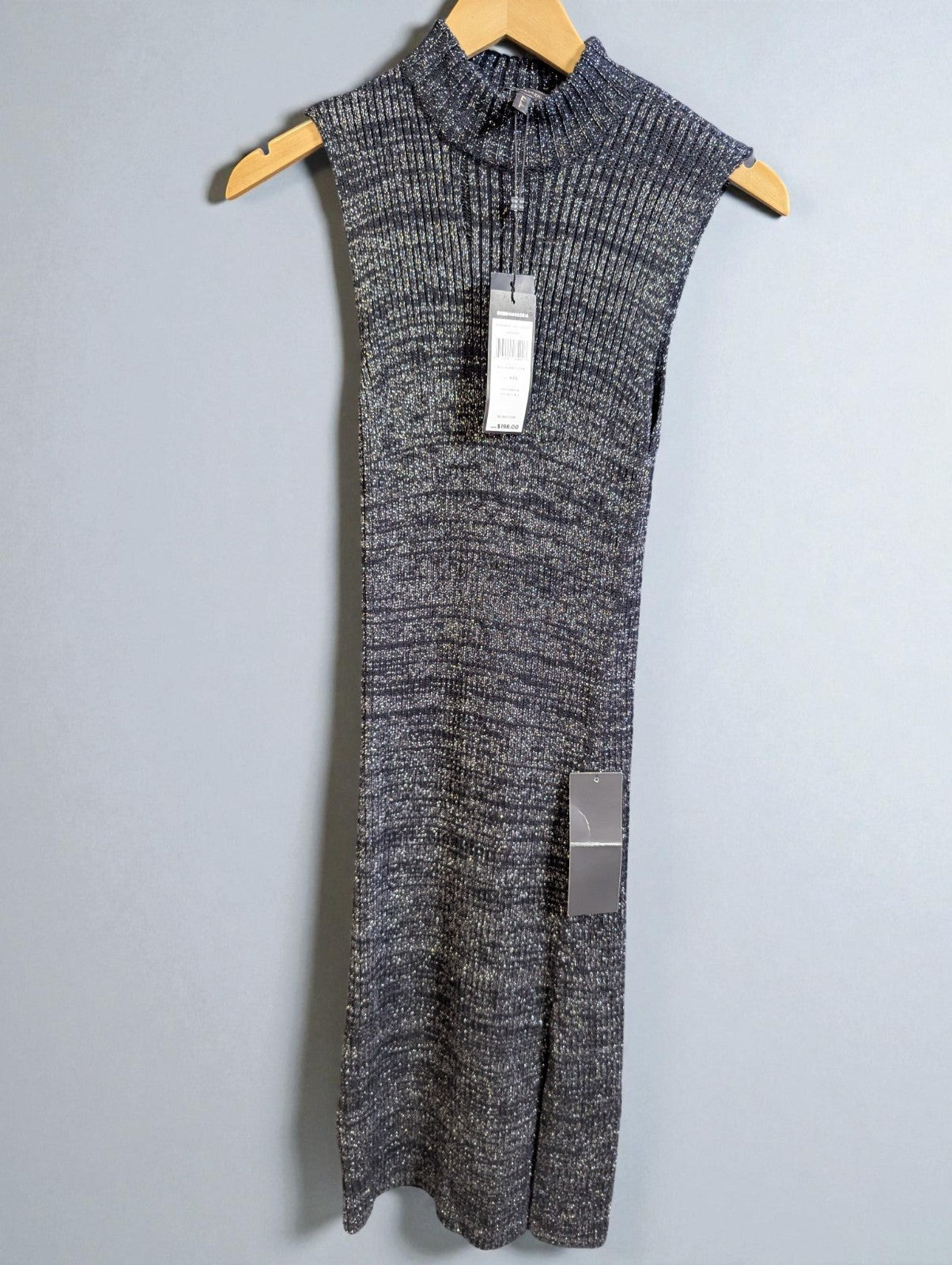 NWT BCBG Max Azria Black Metallic Knee Length Knit Sleeveless Dress, Size XXS