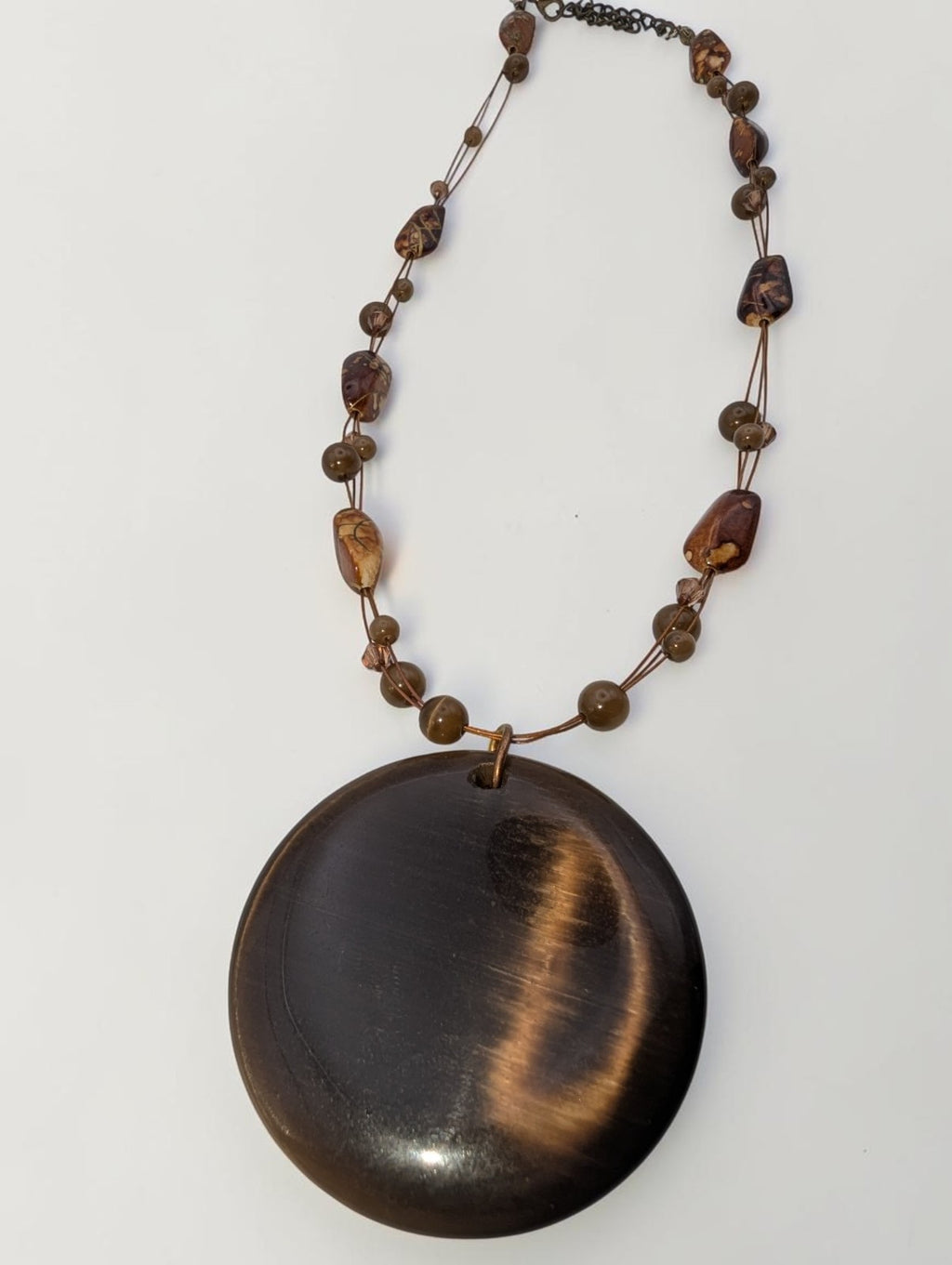 Polished Tiger's Eye Pendant Beaded Necklace, 14"