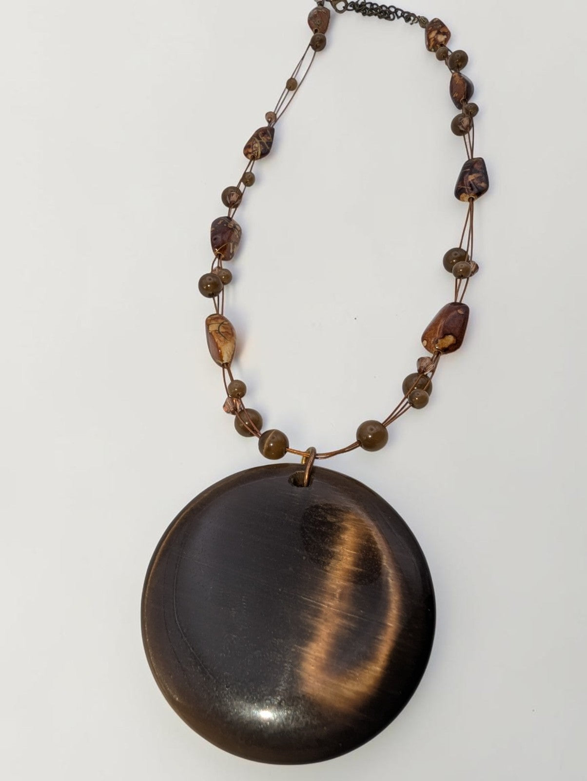 Polished Tiger's Eye Pendant Beaded Necklace, 14"
