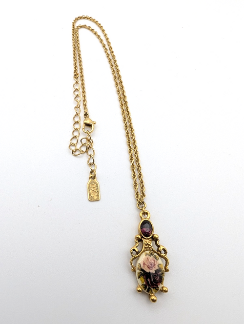 1928 Victorian Style Rose Purple Pendant with Chain, 16"