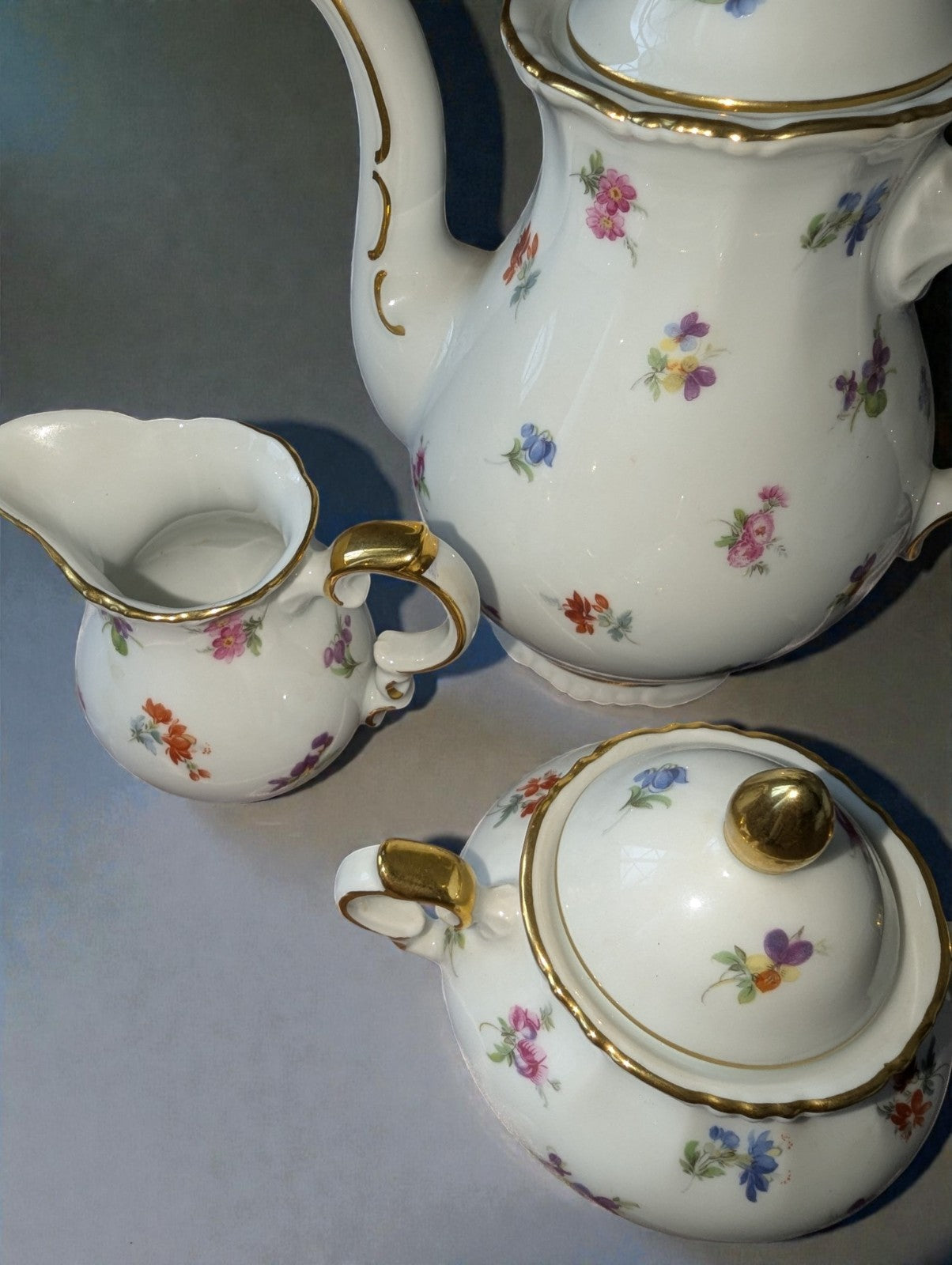 Vintage 22K Gold Bayreuth Gloria Fine Porcelain Coffee Set-Pot, Sugar, Creamer