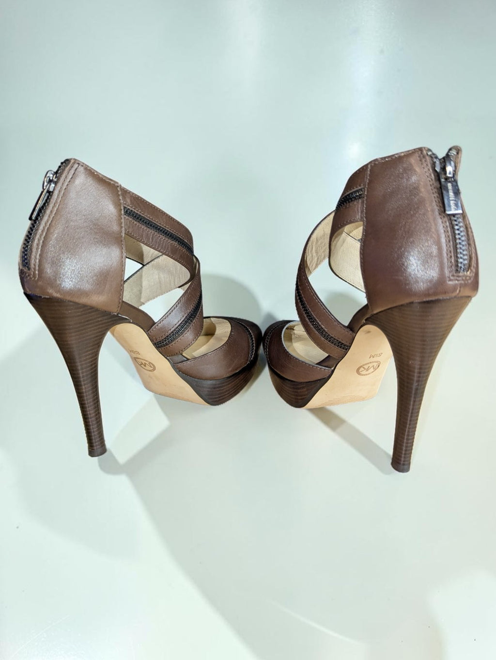 Michael Kors Brown Closed Toe Zipper CrissCross Heels Shoes, Size 8.5