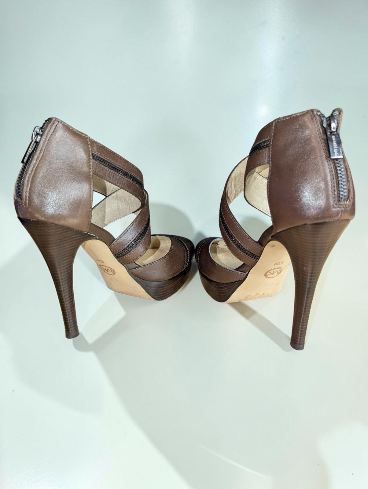 Michael Kors Brown Closed Toe Zipper CrissCross Heels Shoes, Size 8.5